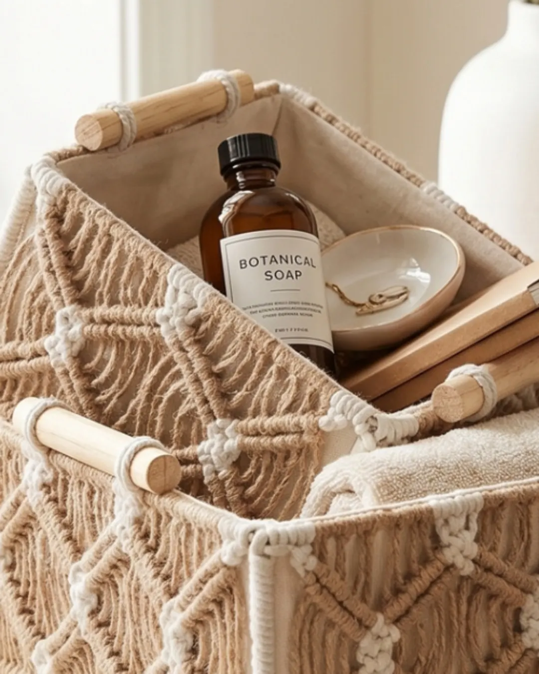 Close-up of a knotted macramé basket with wooden handles holding a small bottle and a dish