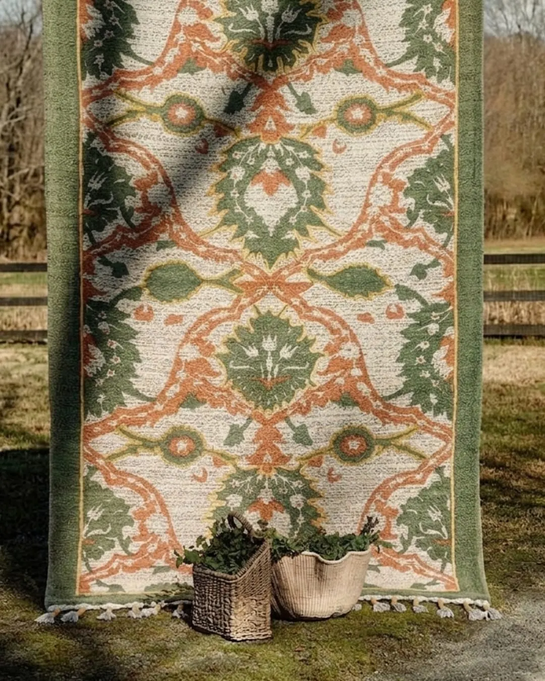 A long rug with a green border and orange and cream florals hanging outdoors, with two woven baskets of plants at its foot