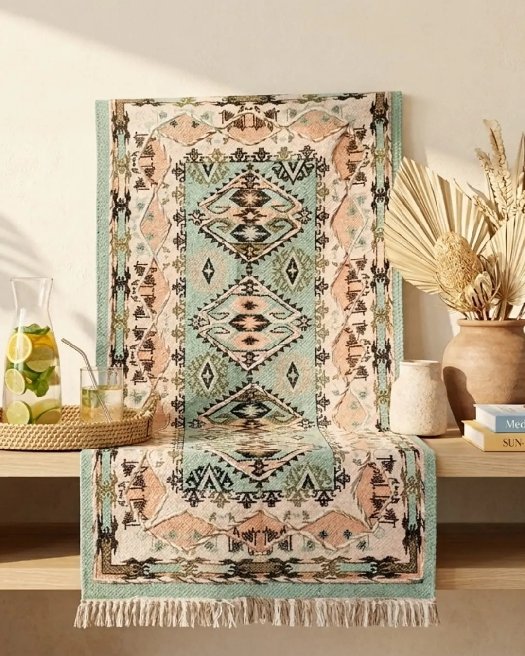 A peach, sage and cream geometric runner with fringed ends draped over a wooden console