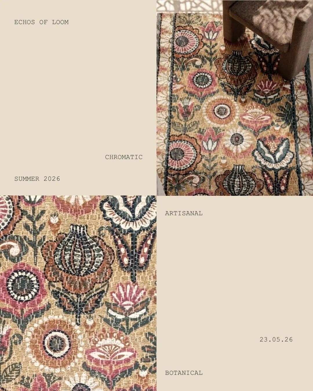 Two views of a rug with large rose, rust and green botanical motifs