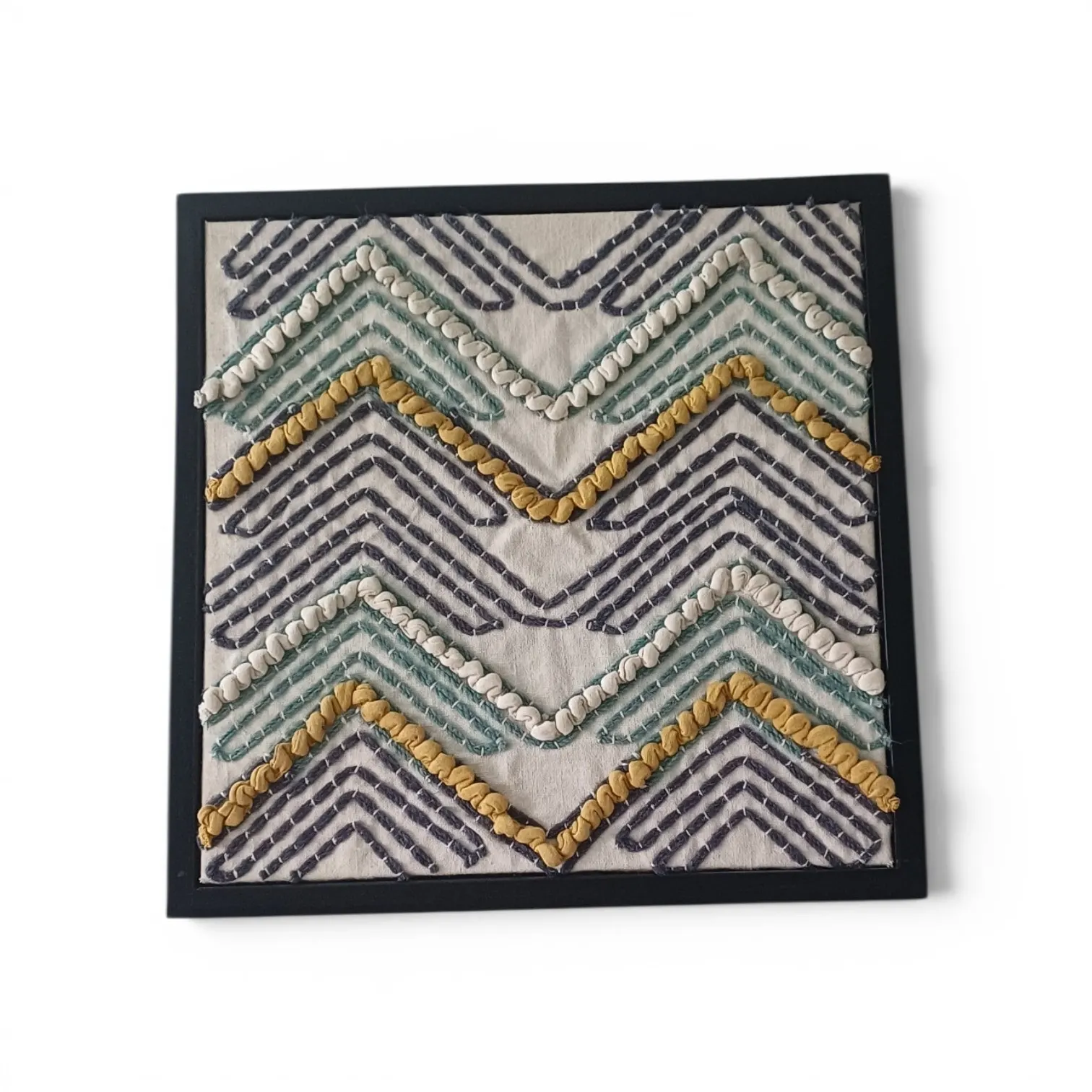 Framed textured wall art with chevron rows in navy, teal, mustard and cream on a light ground, in a black frame