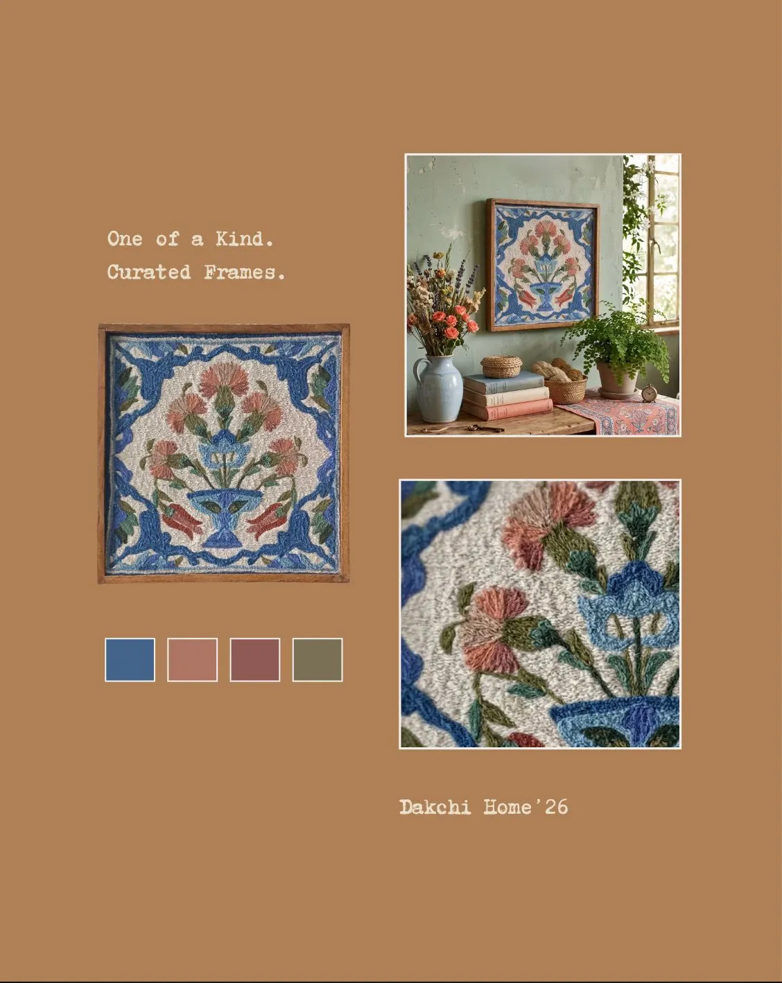 Embroidered floral frames shown on a wall and up close, with a colour palette. Text reads One of a kind, curated frames.