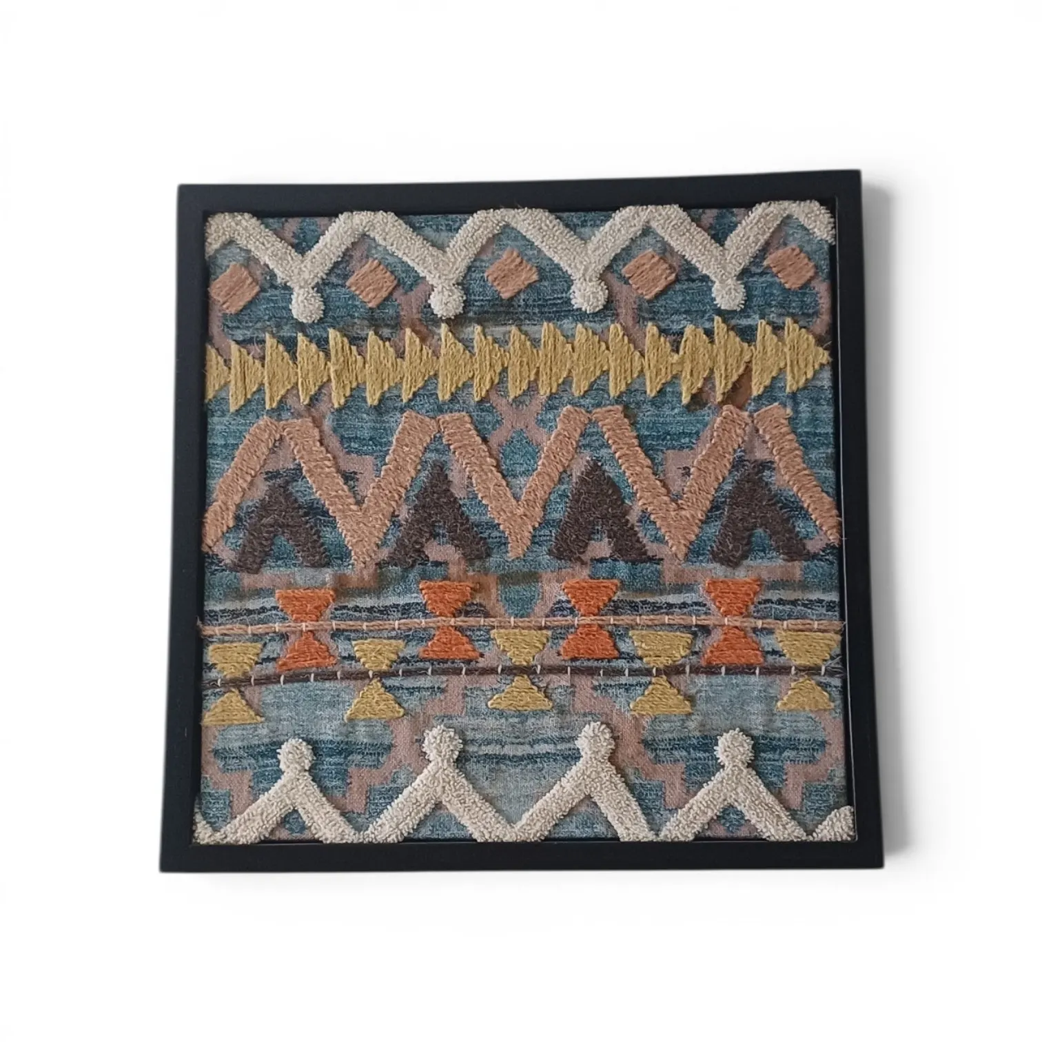 Framed textured wall art with tribal bands in blue, mustard, rust and cream, in a black frame
