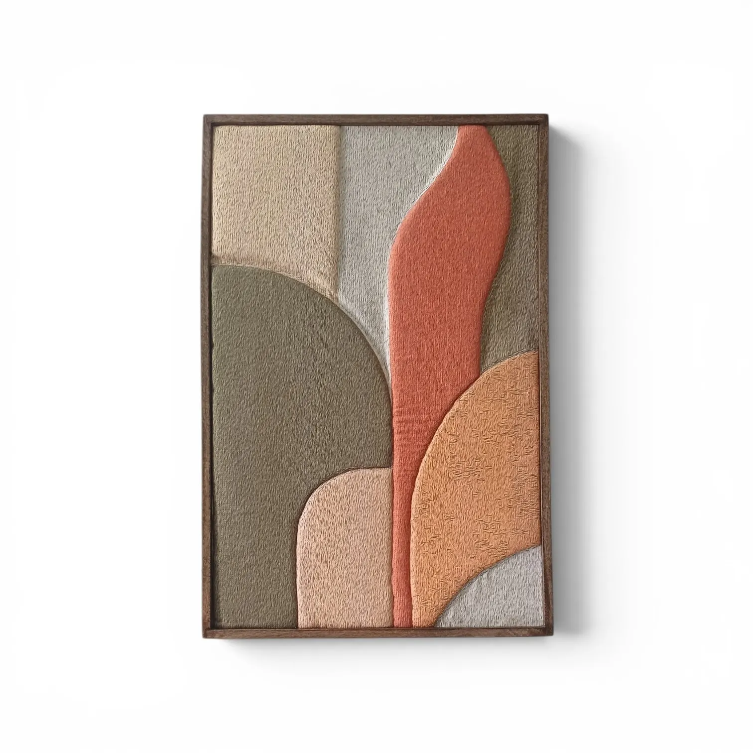 Framed textured wall art of soft arches in terracotta, peach, sage and cream