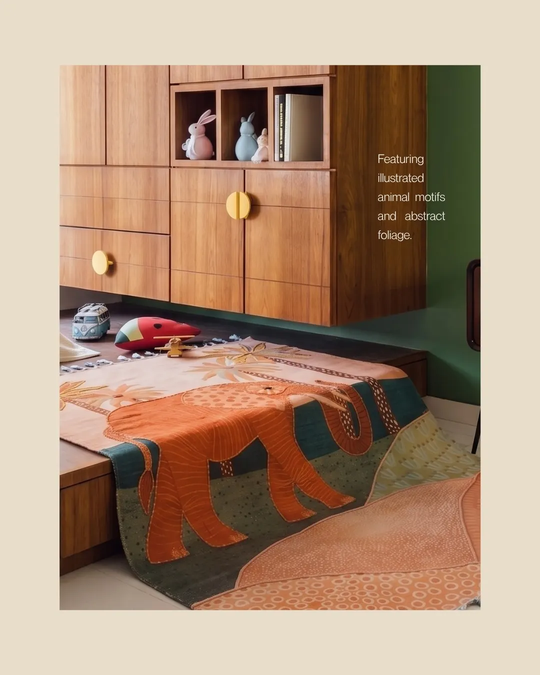 A rust-orange elephant rug on a wooden floor beside low cabinets with toys